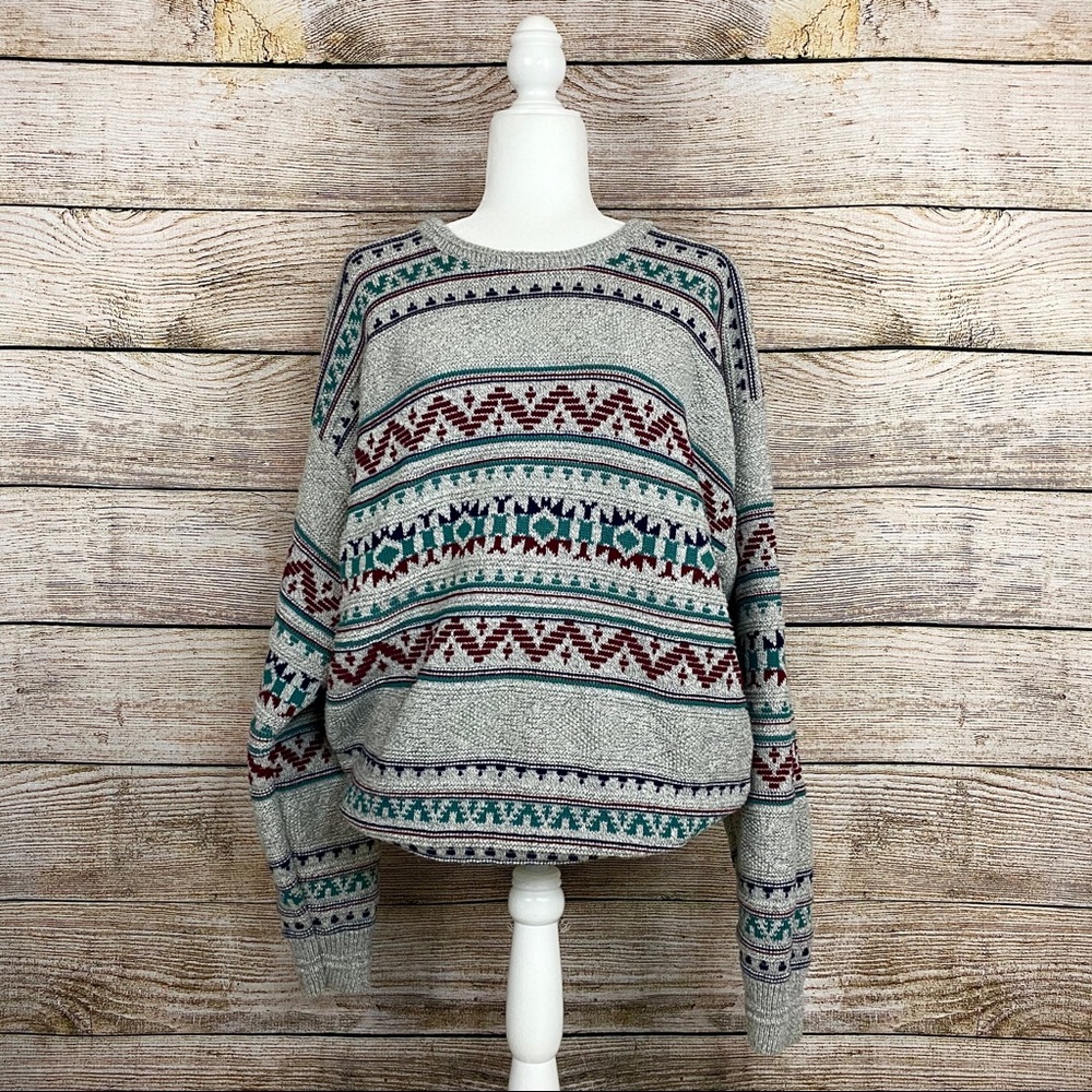 Vintage Jantzen Textured Gray & Teal Crew Neck Sweater